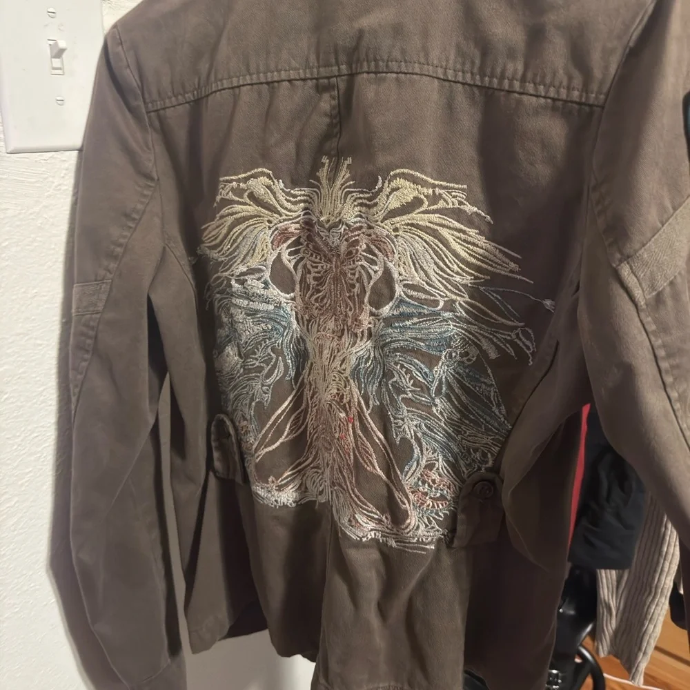 UNIT Brand Military Jacket Women's Size Large Olive Green Patches Embroidered - Picture 2 of 6